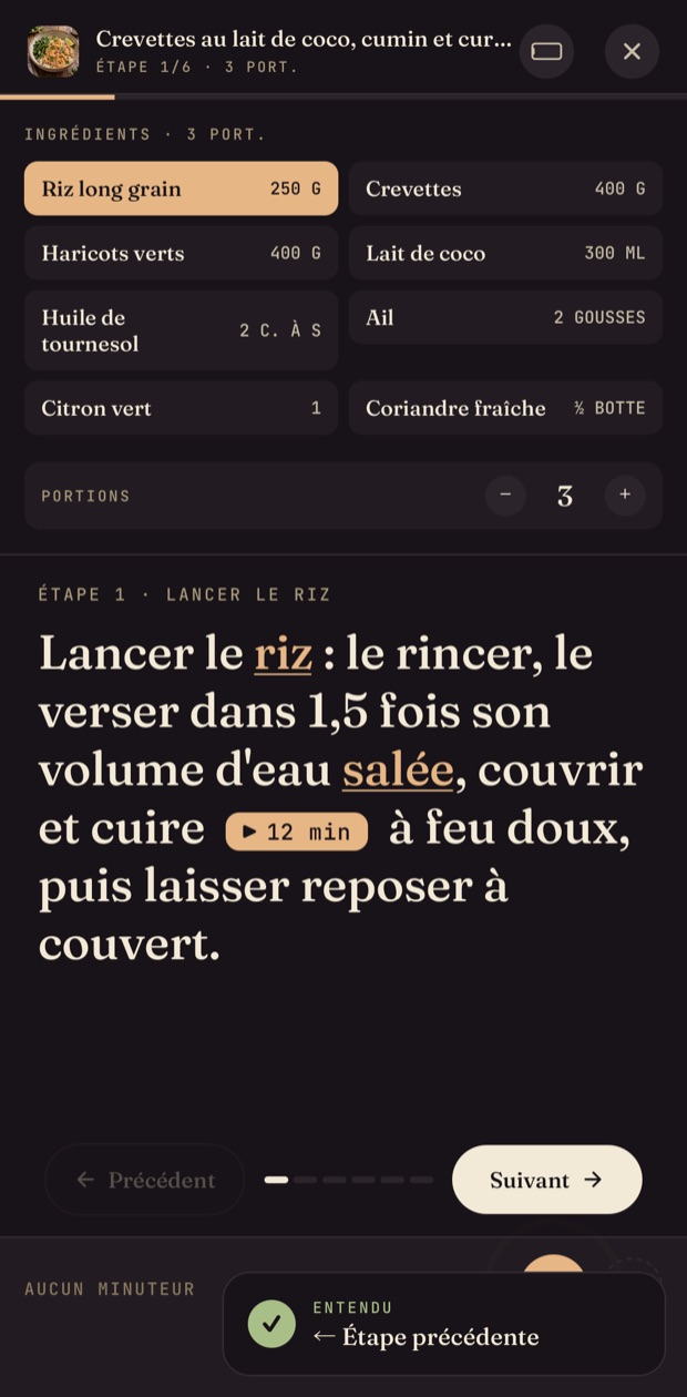 Le mode cuisine, une étape à la fois