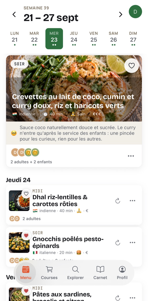 Le menu de la semaine dans Tablée